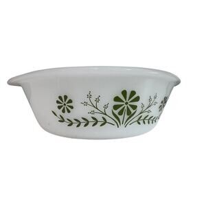 Vintage Glasbake Green Daisy 1 1/2 Quart Milk Glass Round Casserole Dish